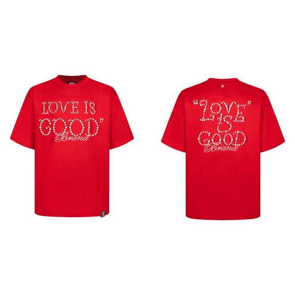 Unisex Cotton T-Shirt with Pearl Embellishment And “Love Is Good” Pattern, Sizes: S-XL