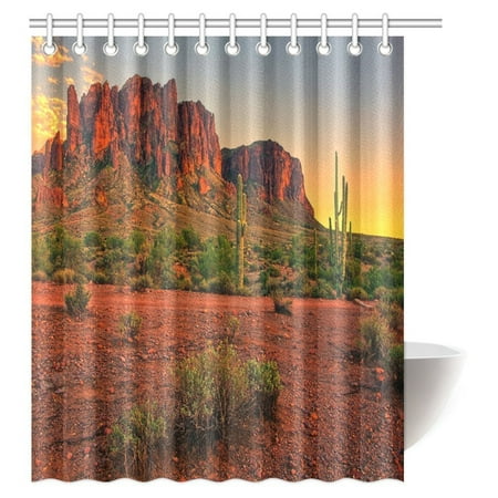 MYPOP Saguaro Cactus Shower Curtain, Colorful Sunset View of the Desert and Mountains near Phoenix Arizona USA Fabric Bathroom Shower Curtain with Hooks, 60 X 72