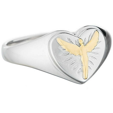 Lavaggi Jewelry 925 Sterling Silver Radiant Heart Shaped Angel Ring With 14k Gold Plated Angel Size 7