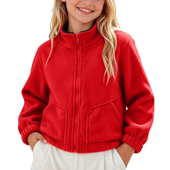PiGOGI Kids Fleece Full Zip Stand Collar Jacket with Side Pockets Warm Winter Coat for Boys and Girls Casual Daily Wear Red 13-14 Years