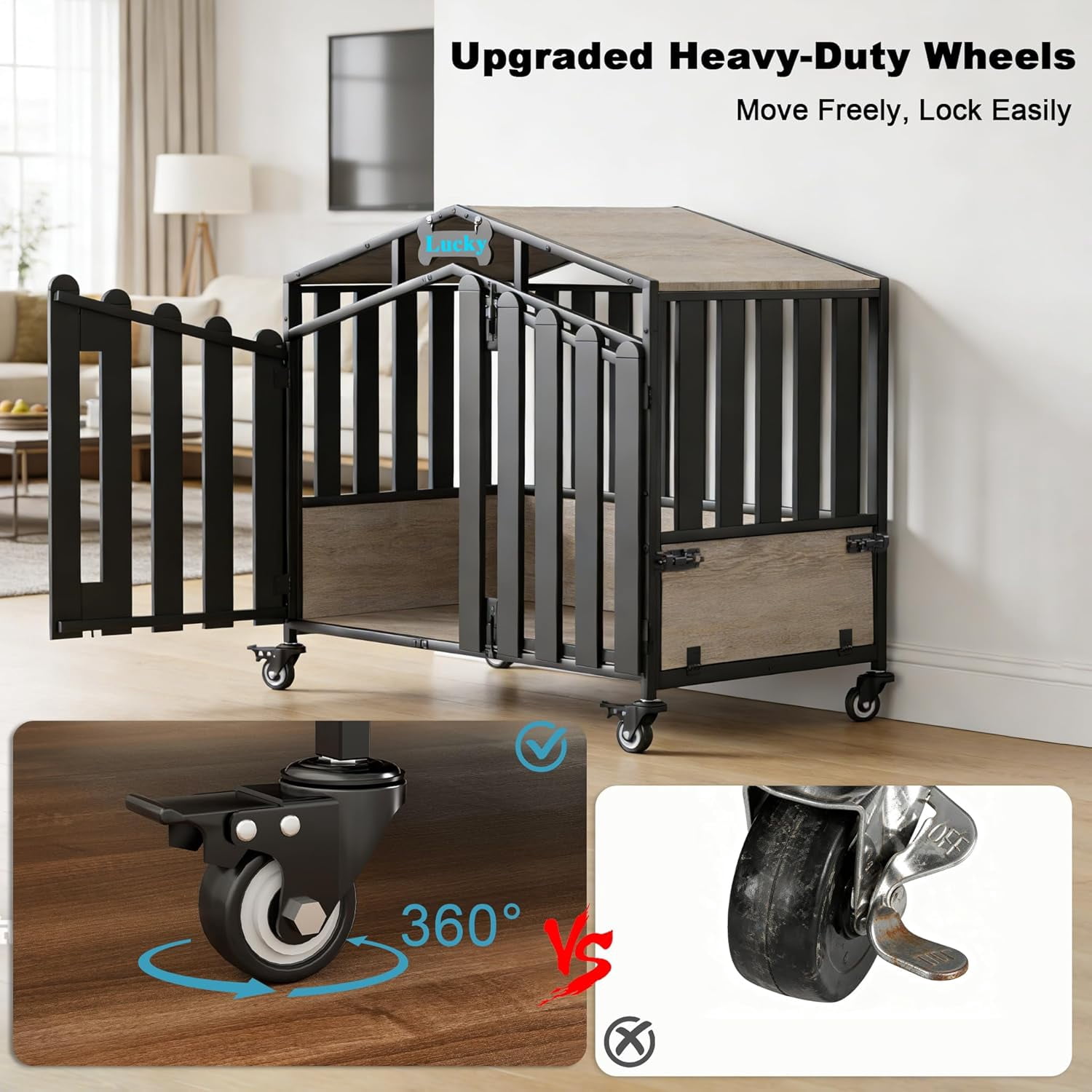 POAO 41"Heavy Duty Dog Crate Furniture for Medium Dogs(35-60lb), Dogs Kennel Indoor with 360° Wheels,Dog Cage with Feeding Window and Name Tag