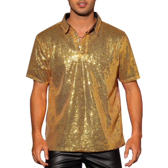 INSPIRE CHIC Polo de lentejuelas para hombres, camisetas brillantes de manga corta para fiestas en clubes, camisas de golf 3XL doradas