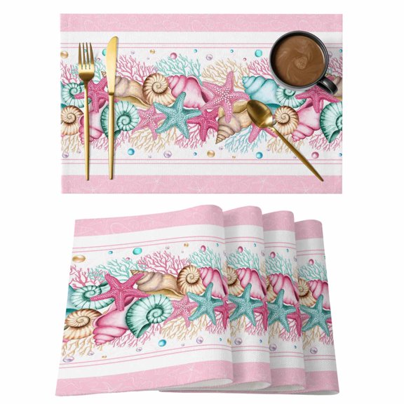 Summer Starfish Pink Placemats Set of 8, Beach Coral Conch Coastal Placemats for Dining Table, Place Mats for Kitchen Tabletop, Waterproof Wipeable Dining Table Mats Set