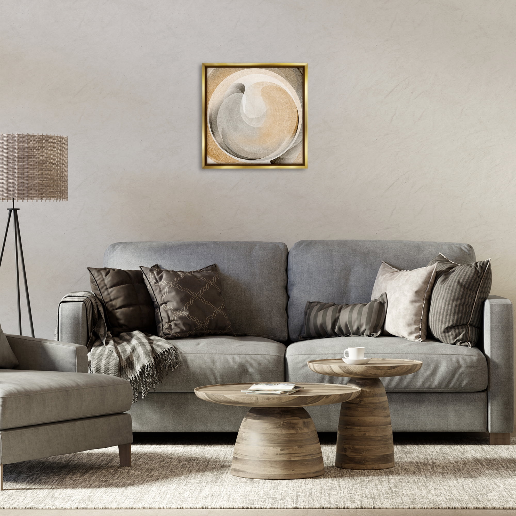 Stupell Industries Circular Soft Neutrals Abstract Painting Gold Floater Framed Canvas Art Print Wall Art, 18 x 18