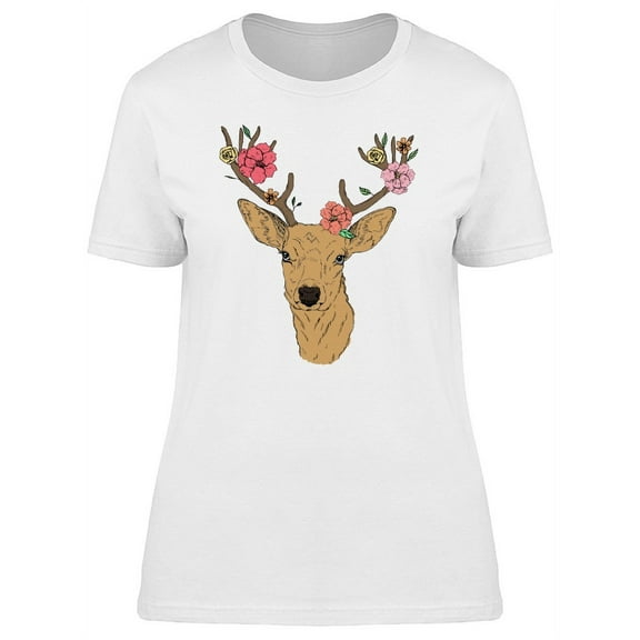 Brown Deer With Flower Antlers T-Shirt Women -Image by Shutterstock, Female Large