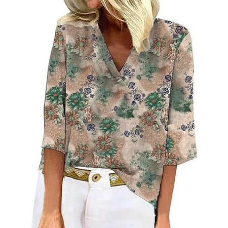 

ZIZOCWA Womens Long Sleeve Casual Shirt Workout Women Shirt Ladies Summer Loose Casual V Neck Half Sleeve Printed Top Tshirt Pajama Shirts Women Cotton