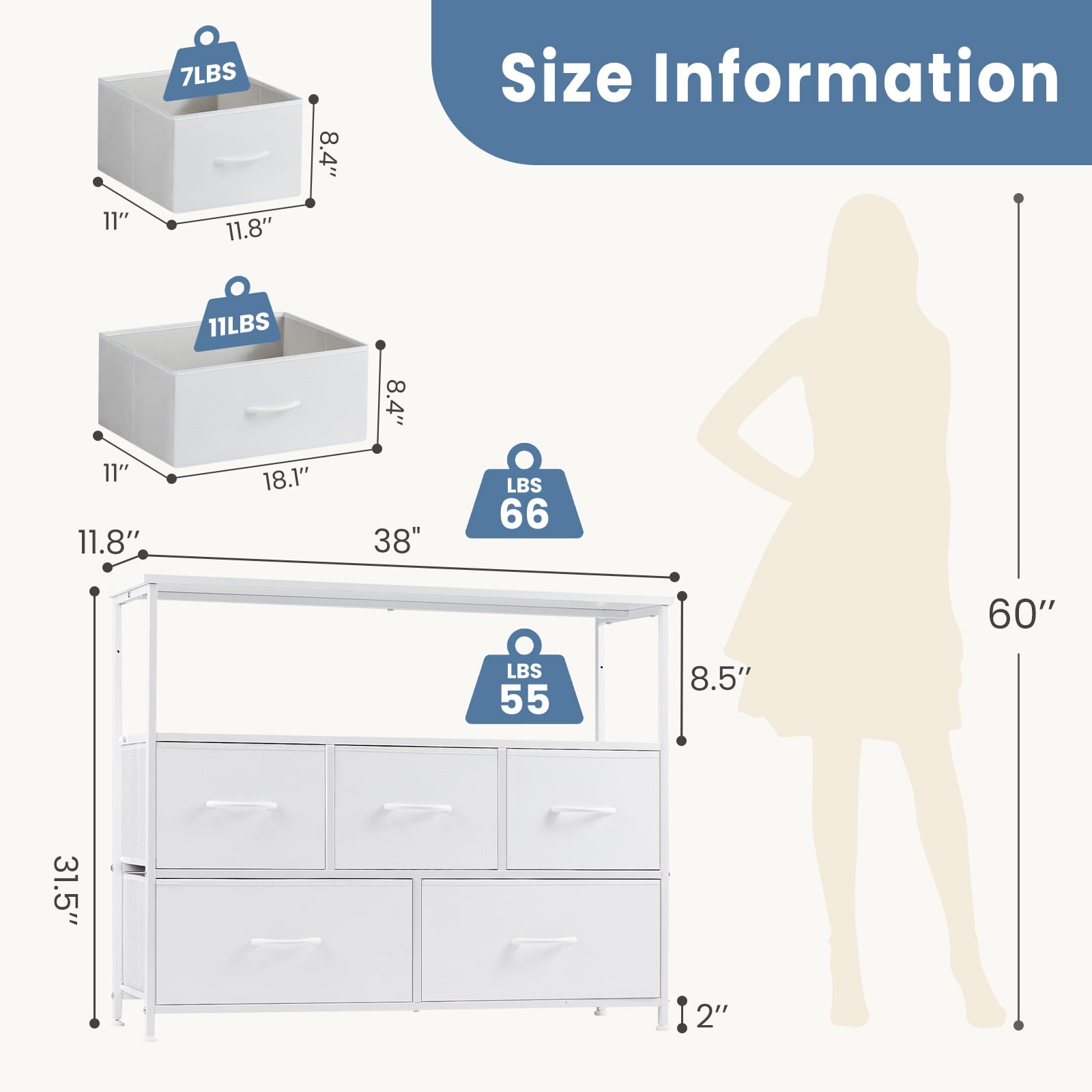 CONCETTA TV Stand Dresser with 5 Fabric Drawers and Open Shelving, Multi-functional Storage Unit Fits TV up to 45 inches for Bedroom Living Room Hallway, White