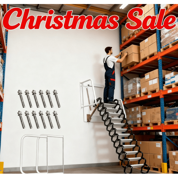 12-Step Folding Attic Ladder Extension Loft Stairs Wall Mounted Metal 10FT for Attic Warehouse Garage