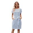 thumbnail image 1 of Vestido Camisero de Verano A Rayas de Corta para Mujer, Informal, con Lazo en la Cintura y Bolsillos, Azul , Talla S, 1 of 9
