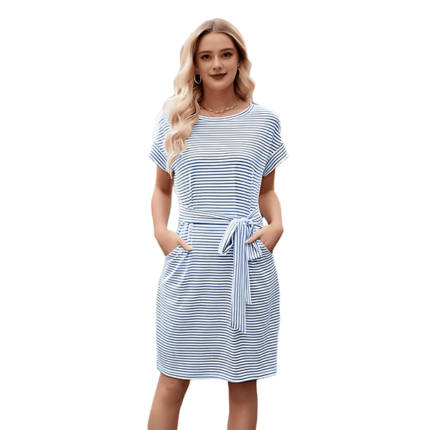 Vestido Camisero de Verano A Rayas de Corta para Mujer, Informal, con Lazo en la Cintura y Bolsillos, Azul , Talla S