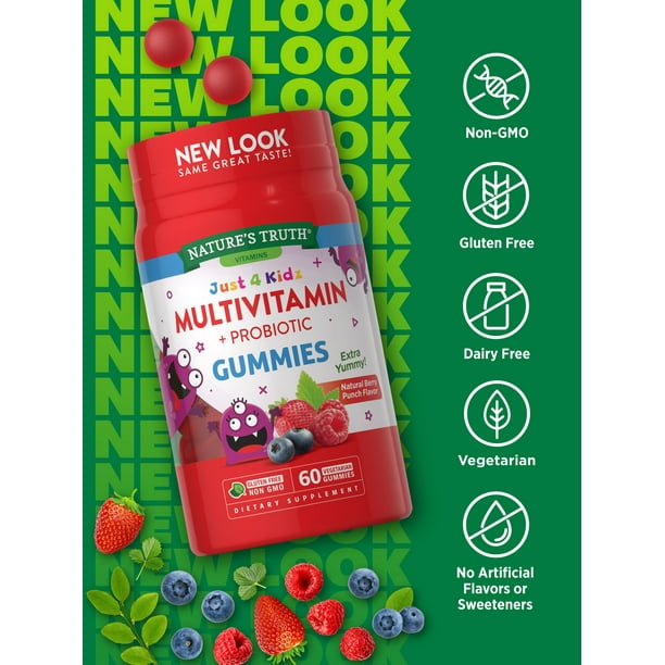 Kids Multivitamin Gummies with Probiotics | 60 Count | Vegetarian, Non-GMO, Gluten Free Supplement | Vitamin C, D3 & Zinc | Berry Punch Flavor | by Nature's Truth