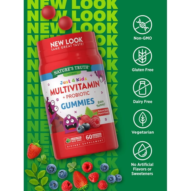 Kids Multivitamin Gummies with Probiotics | 60 Count | Vegetarian, Non-GMO, Gluten Free Supplement | Vitamin C, D3 & Zinc | Berry Punch Flavor | by Nature's Truth