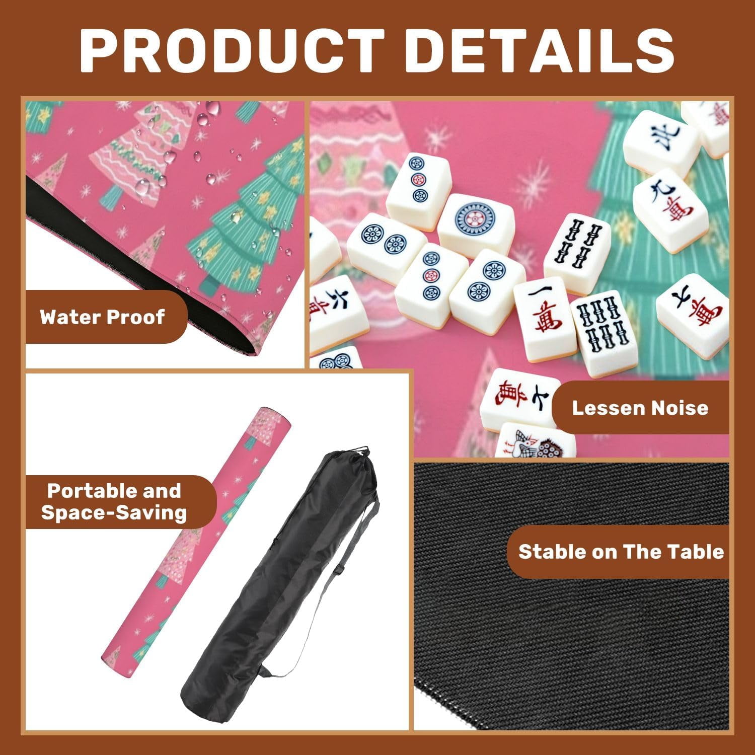 Mahjong Mat 31.5" x 31.5" Seamless Christmas Trees Cartoon Style Pink for Clothing Home Textile Non-Slip Noise Reduction Mahjong Tiles Table Cover for Dominoes Poker Card Board and Tile Games