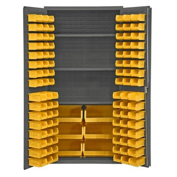 14 Gauge Flush Door Style Lockable Cabinet with 102 Yellow Hook on Bins & 3 Adjustable Shelves, Gray - 36 in.