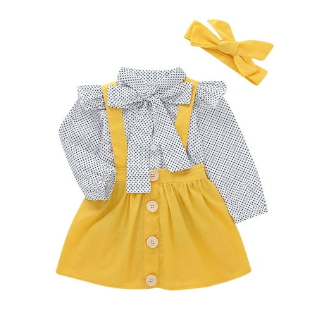 KidPika Toddle Baby Girl Polka Dot Shirt Top Bow Suspender Skirt Outfit Set Summer Dress