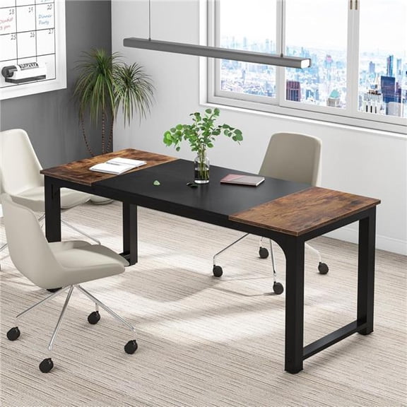 Emoottoo TB-U0128 63 in. Modern Office Computer Workstation Executive Desk with Thick Metal Frame - Large - Rustic Brown & Black
