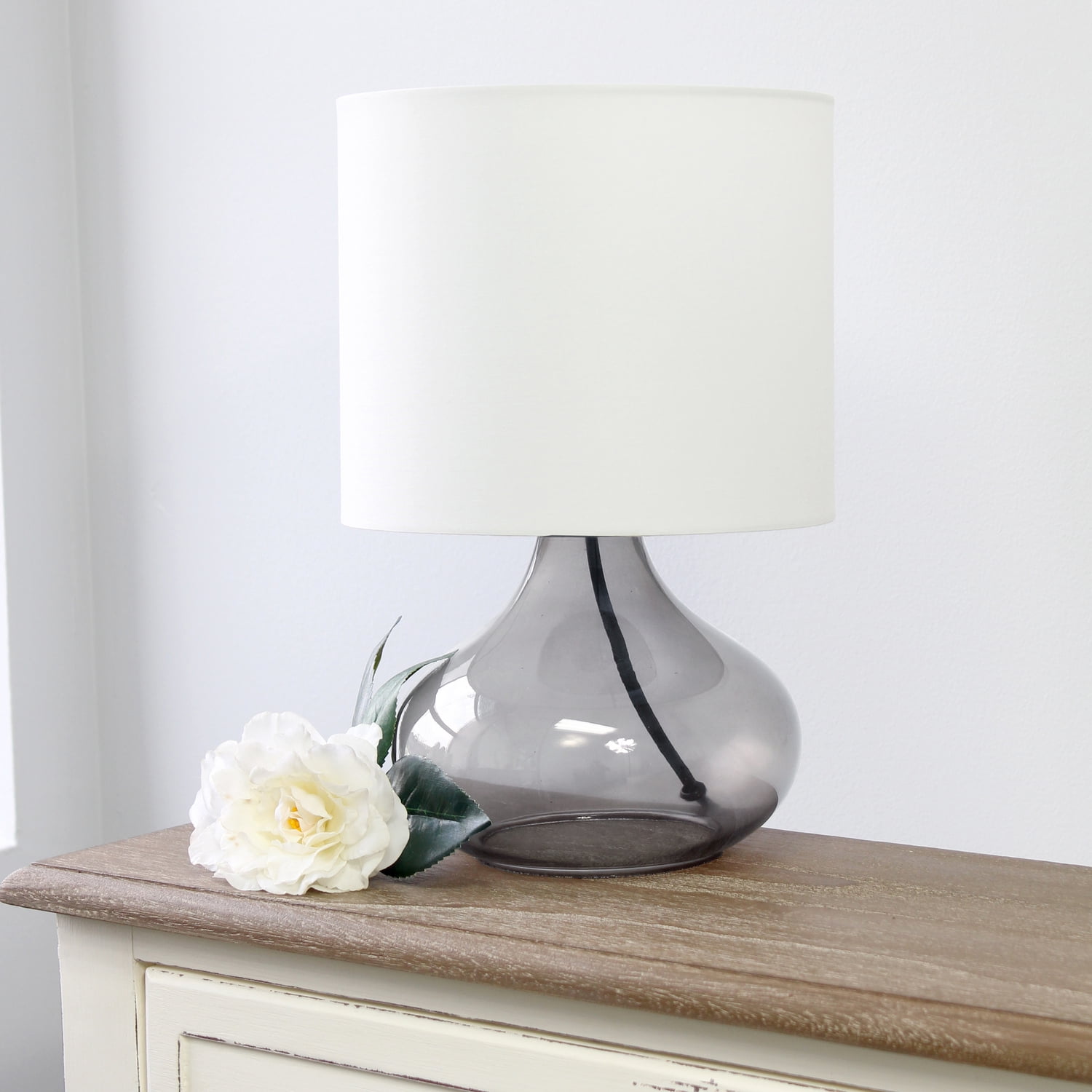 Simple Designs LT1069-NWH Wood Table Lamp – Interlocked Triangular Base With White Fabric Shade, 19" Tall