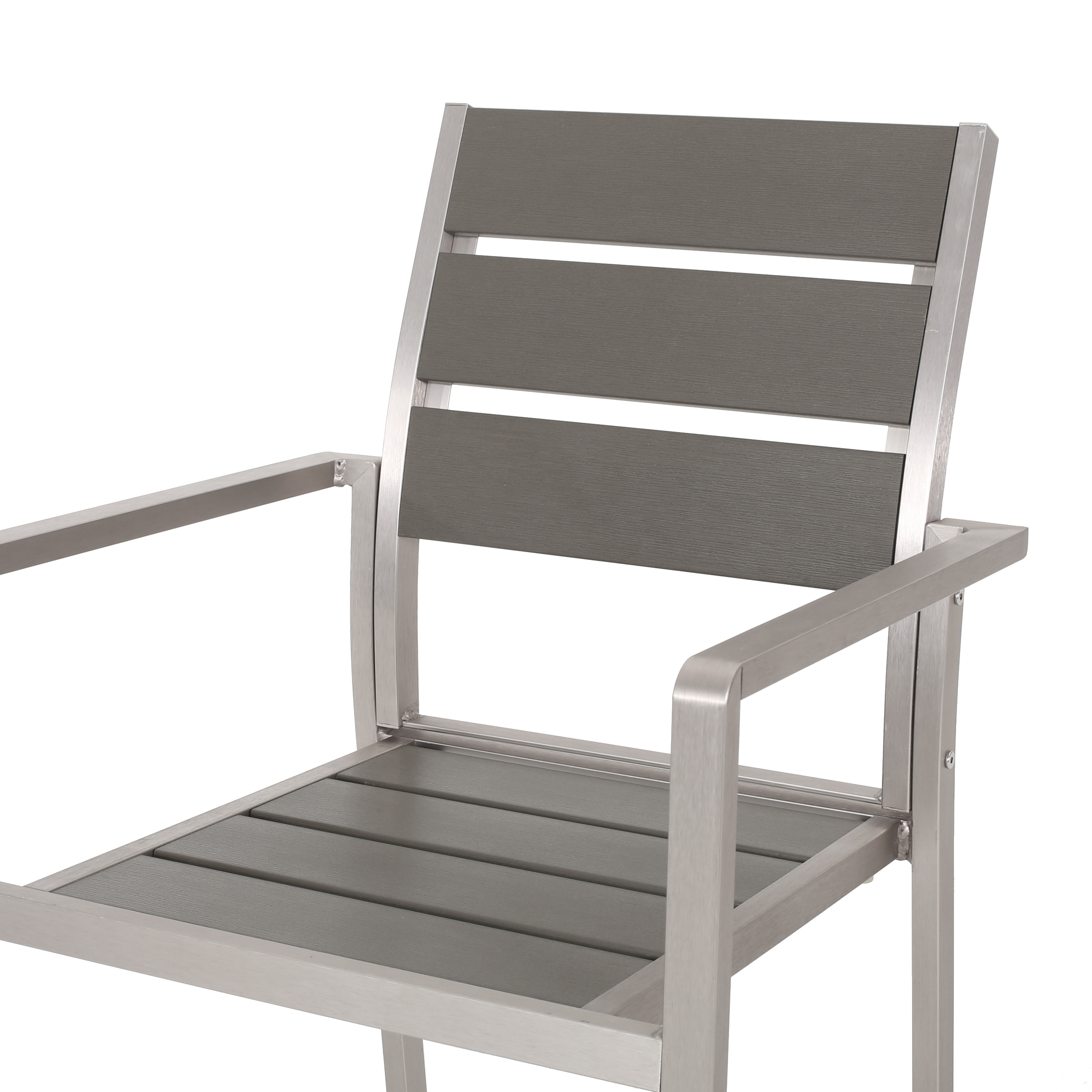 Gannon Outdoor Modern Aluminum Dining Chair with Faux Wood Seat, Set of 2, Gray and Silver