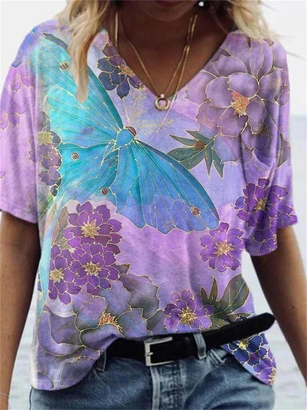 Summer Loose Shirts for Women Short Sleeves V-Neck Tops Flowery Printing Casual Blouses Pullover 