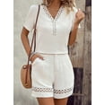 thumbnail image 5 of Womens Summer Two-Piece V-Neck Hollowed-Out Patchwork Short Sleeved Top and Shorts Set Loose Casual Fashion Outfit White XXL, 5 of 7