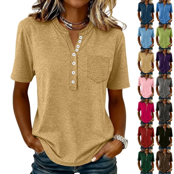 Shirts for Women V Neck Button Down Casual Henley Tops for Women Summer Short Sleeve Vintage Relaxed Fit Basic Tee Tops Khaki XXXL