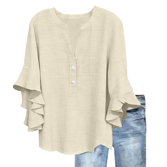 Lenpel Linen Tops for Women Ruffle Bell 3/4 Sleeve V Neck Quarter Button Cotton T-Shirts Loose Tunic Tops Casual Tee Blouses