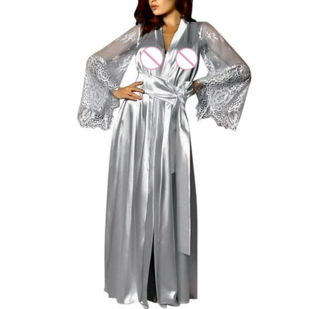 FAFWYP Women Satin Silk Long Pajamas High Cut Lace Mesh Long Flared Sleeves Long Kimono Lingerie Babydoll Nightgown Sexy Robe Cover ups Nightdress