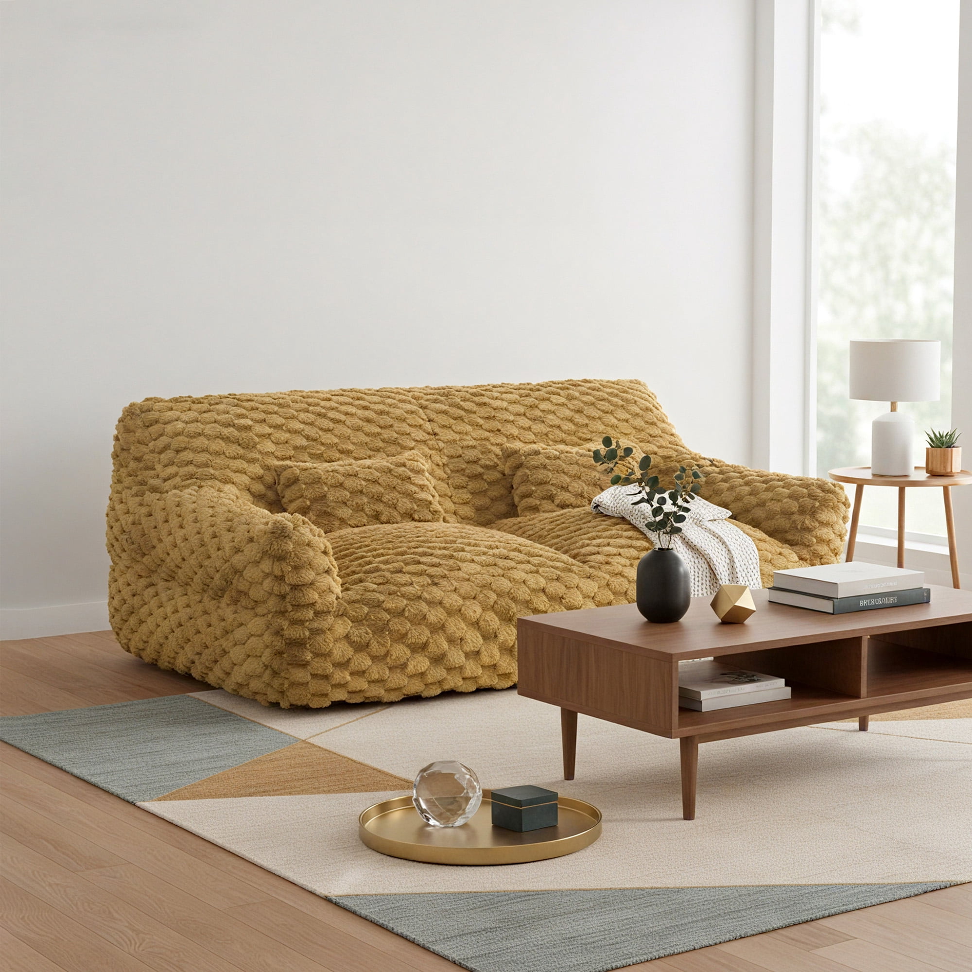 Spruce & Spring Ultra-Plush Fleece Lazy Sofa with Pillow & Blanket, Cozy Bean Bag Loveseat for Living Room & Bedroom,Golden Glow-Bubble Knit