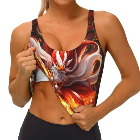Qokaie Red Leaf Flame Fox Pattern Womens Scoop Neck Sports Bra Breathable Workout Vest Padded U Back Medium Impact Fitness Gym Yoga Bra Workout Crop Top