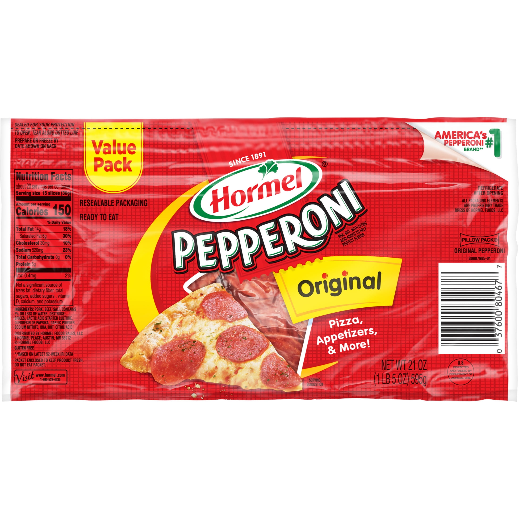 HORMEL Beef - Pork Pepperoni, Pizza Topping,Refrigerated, 21 oz Resealable Plastic Package