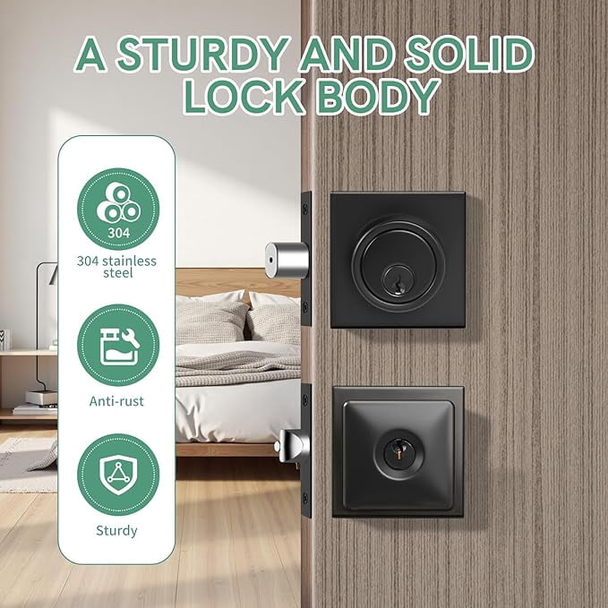 Square Front Door Lock Set,Single Cylinder Deadbolt and Knob with Lock, Keyed Alike Door Locks for Front Door(Matte Black,2pack-Set)