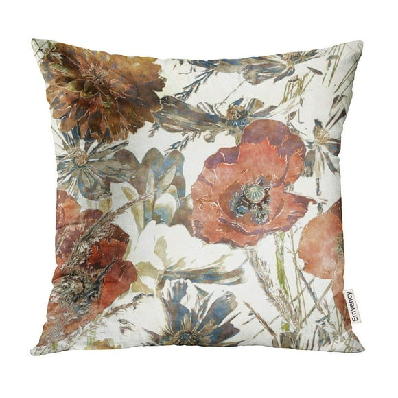 BOSDECO Vintage Watercolor Colorful Floral Red Poppies White Peonies Leaves and Grasses Pillow Case Pillow Cover 16x16 inch
