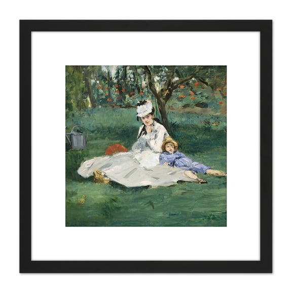 Manet Monet Family In Their Garden Argenteuil Painting 8X8 Inch Square Wooden Framed Wall Art Print Picture with Mount