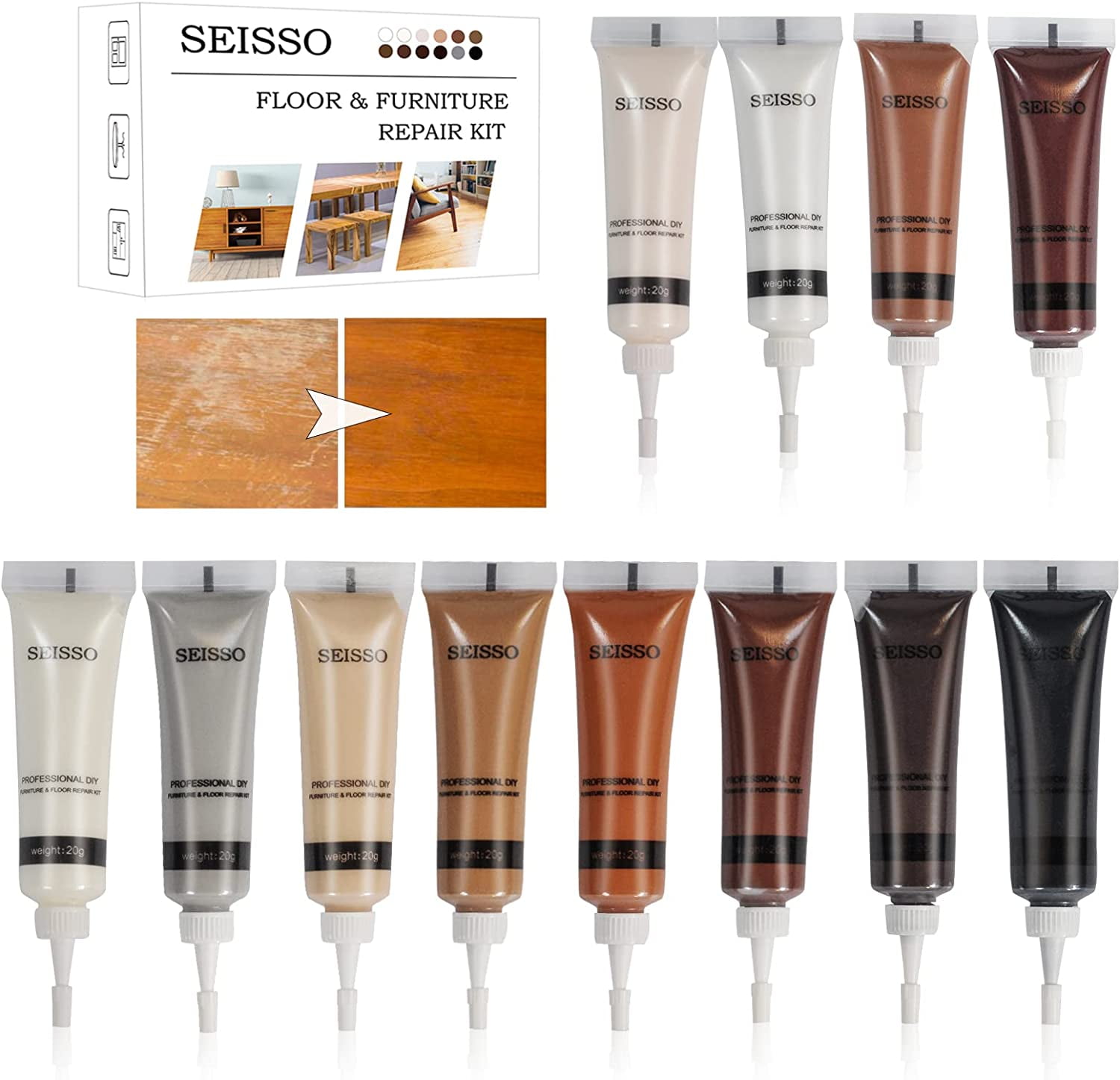 SEISSO 12 Colors Wood Repair Kit Wood Furniture Touch up Paint Restore Wood Stain Cover Surface