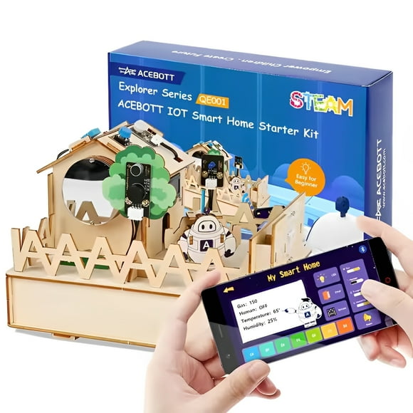 ACEBOTT QE001 ESP32 Smart Home IoT Starter Kit w/Arduino/ACECode(Scratch) - Plus, Electronics Home Automation Coding Kit, DIY Wooden House Building Sensor Set, STEM Educational Set for Kids 12+
