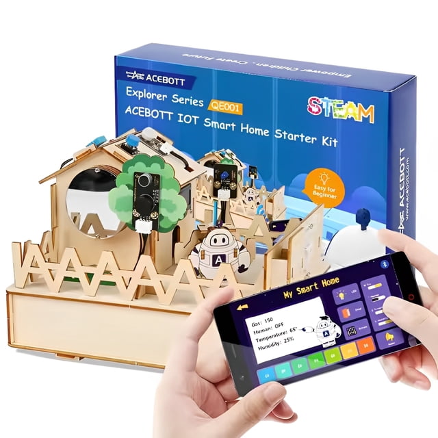 ACEBOTT QE001 ESP32 Kit de Démarrage Maison Intelligente avec Arduino/acecode(Éracle) - Plus, Kit de Codage Domotique Électronique, Ensemble de Capteurs de Construction Maison en Bois DIY, Ensemble Éducatif STEM pour Enfants 12+