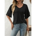 thumbnail image 3 of Womens V-Neck Tops Dressy Double Layer Bell Sleeve 3/4 Length Ruffle Sleeve T Shirts Black L, 3 of 6