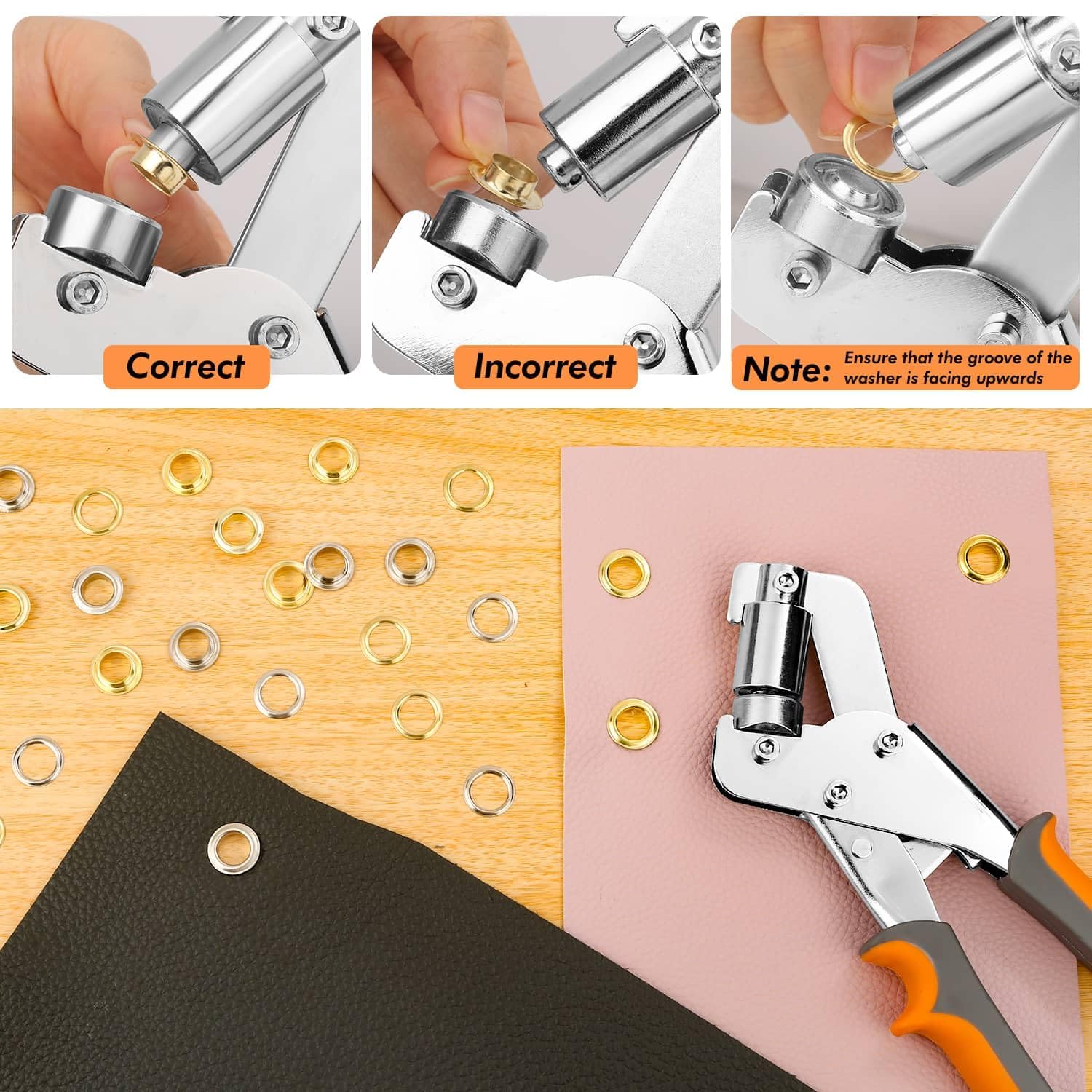 Professional Grommets Kit, Heavy-Duty Grommet Puncher Tool,Eyelet Plier Set with 3/8 in 10mm Grommets, Handheld Metal Grommets Kit for Fabric Tarps Leather (Tool+100Grommets (50Gold, 50Silver))
