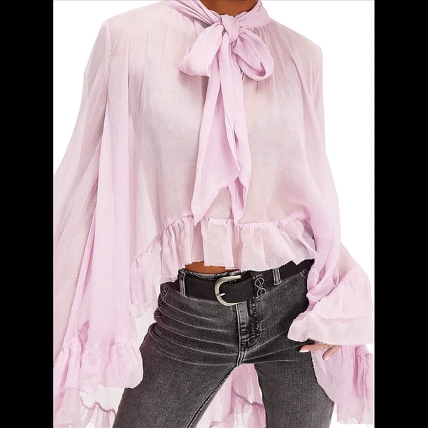 Blusa de Transparente con Volantes y Mangas Largas Acampanadas para Mujer, con Dobladillo Alto y Bajo, Sexy y Holgada Rosa L