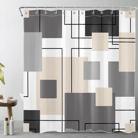 HVEST Abstract Geometric Shower Curtain, Beige Gray White Abstract Pattern Shower Curtain - Modern Geometric Bathroom Decor, Waterproof Polyester Fabric, Includes 12 Hooks, 72x72 Inches