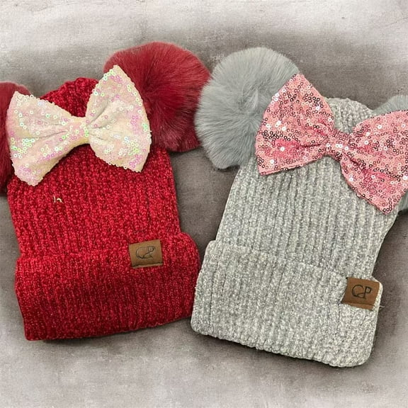 2pc Winter Minnie inspired Pom Beanie, Mickey minnie hat, winter hat , Mickey Minnie inspired , faux pearl beanie, Pom Pom hat / beanie