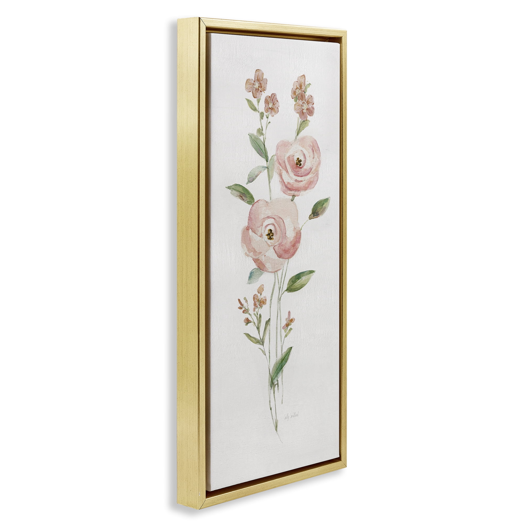 Stupell Industries Soft Rose Sprigs Botanical & Floral Painting Gold Floater Framed Art Print Wall Art, 11 x 25