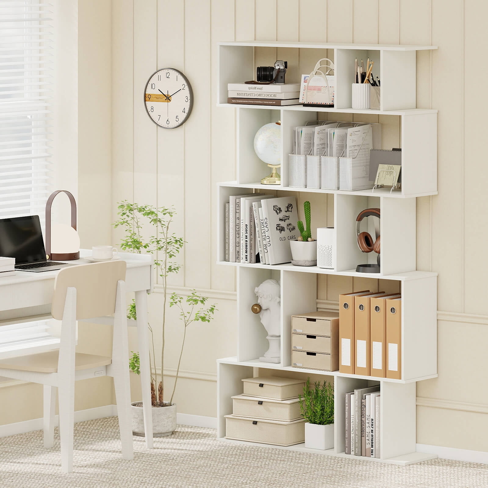Costway 1 PCS 5-Tier Geometric Bookshelf with Open Shelves & Closed-back Cubes for Living Room White
