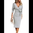 thumbnail image 2 of Vestido de Suéter de Larga para Mujer, Vestido Ajustado con Abertura Lateral, Otoño, Midi, , Escote en V Profundo, Ajustado, Gris XXL, 2 of 8
