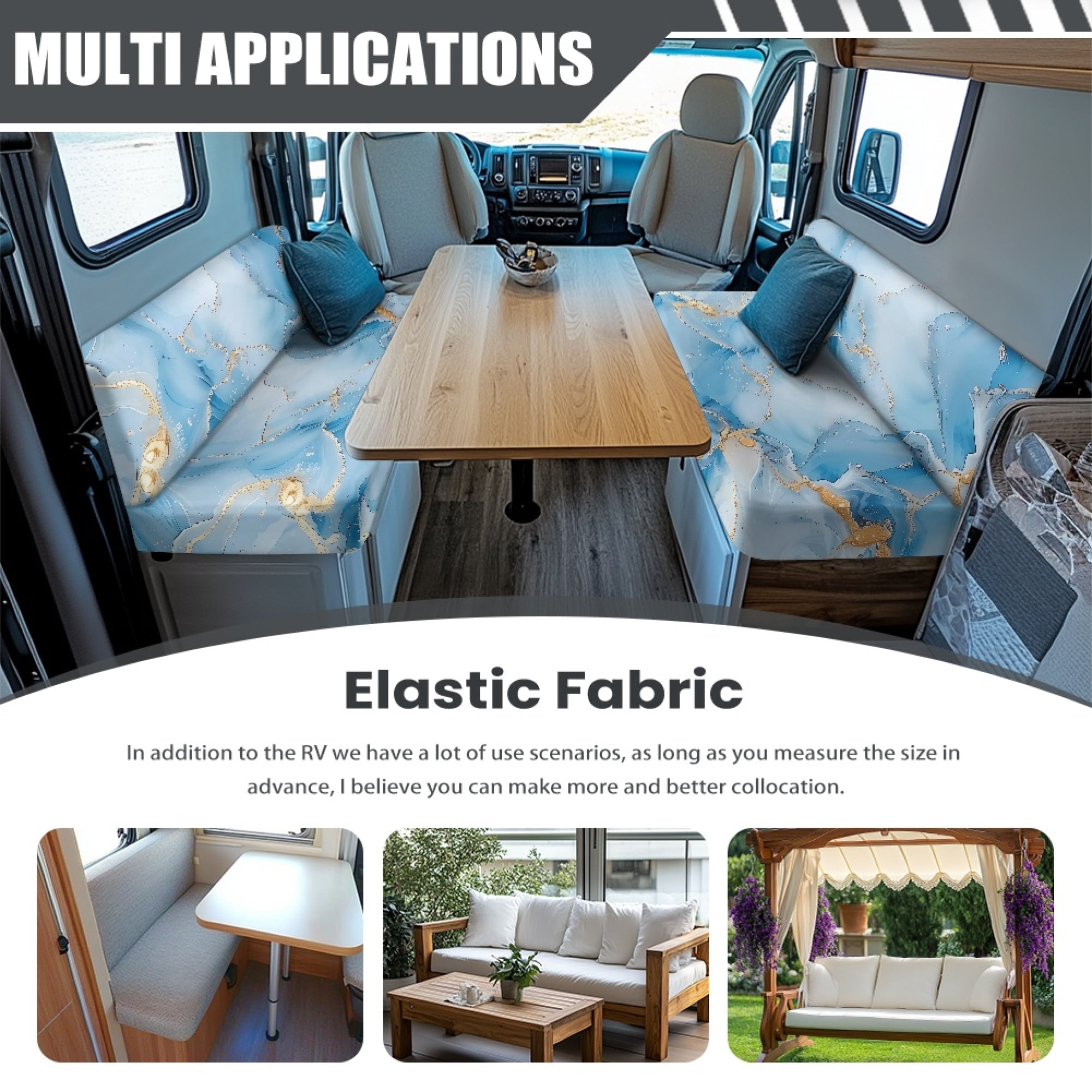 Yuyamidu Blue Marble Print RV Dinette Cushion Covers Universal Camper Cushion Slipcovers Soft Camper Dinette Seat Covers for Travel Trailer Couch RV Sofa Cushions