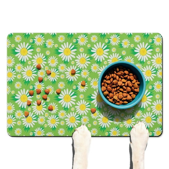 Dog Food Mat 16x24 inch Boho Daisy Print Pet Feeding Mat Durable Waterproof Absorbent Non-Slip for Dogs and Cats, Easy Clean Vintage Floral Flower Design