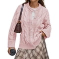 thumbnail image 5 of Long Sleeve Button Down Women Solid Casual Cable Knit Cardigan Coat, 5 of 5