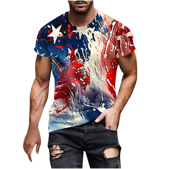 Cavosen Men Tops Trendy Short Sleeve Crew Neck Independence Day Patriotic Tee Red White and Blue Graphic Shirt Summer Loose Tops