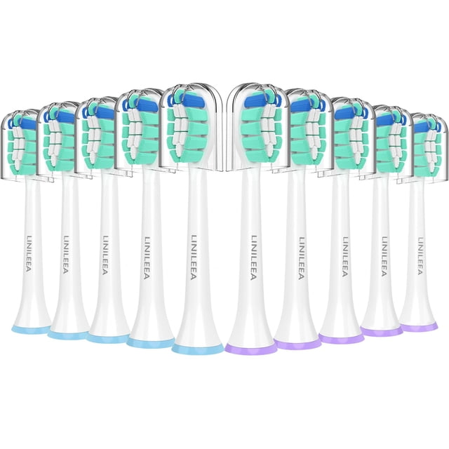 cabezales de repuesto para el cepillo dental philips sonicare Paquete de cabezales blancos LINILEEA con conexión Snap-On, cerdas DuPont verde-menta y puntas redondeadas blancas, anillos base alternos azul y lila; vista frontal en fila sobre fondo blanco; compatibles con DiamondClean, ProtectiveClean y FlexCare; también adecuados para kits de viaje.