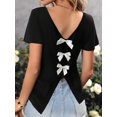thumbnail image 6 of Womens V Neck Casual Bowknot Short Sleeve T-Shirt Colorblock Summer Blouse For Women, 6 of 6